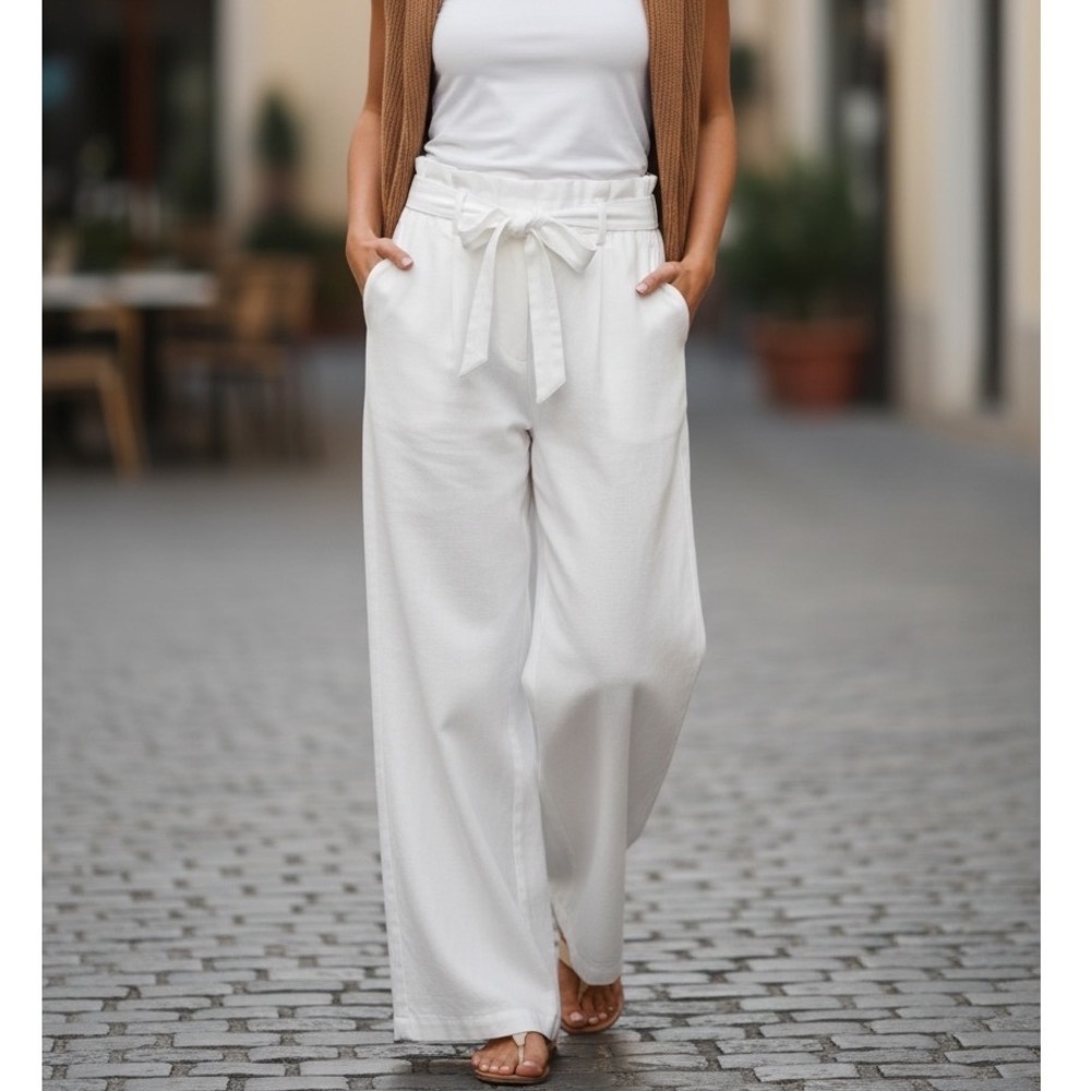 Lands End White Tall High Ridge Twill Pull On Pleated Wide Leg Pants M/T 10-12
